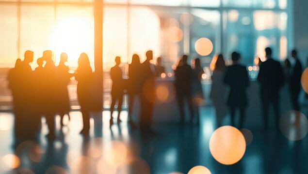 Blurred silhouettes of business people mingling in a modern building at sunset