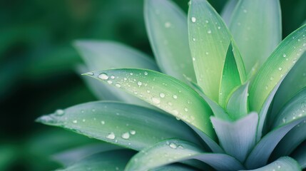 Fototapeta premium Close-up of a vibrant green plant with dew drops, showcasing its natural beauty in a lush background