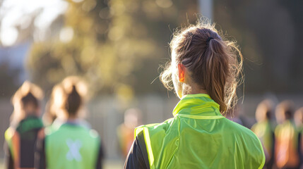Naklejka premium A group of people wearing fluorescent vests stand outdoors, possibly preparing for a sports activity or training session on a sunny day.