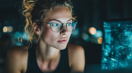 Tech professional analyzing data with holographic interface, symbolizing innovation in digital workspaces