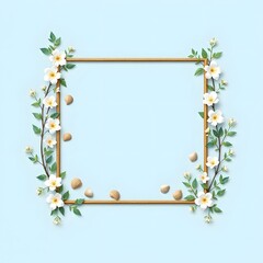 A square wooden  like frame adorned with white flowers, green leaves, and scattered seashells on a light blue background. 