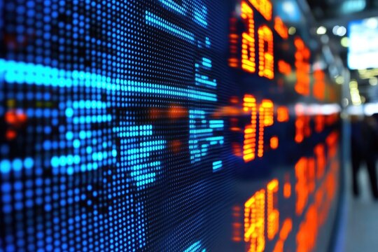 Large digital display board showing financial data.  Bright blue and red numbers and symbols