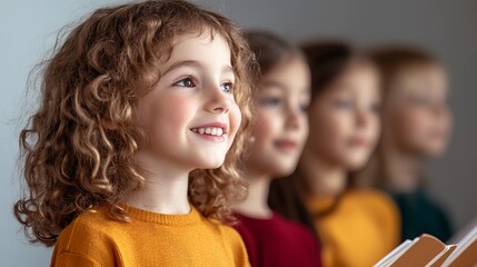 Fototapeta premium Young girl with curly hair smiles while singing in a choir with other blurred children in the background.