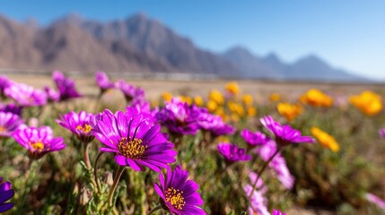 Obraz premium Vibrant flowers bloom in a desert landscape with distant mountains and clear skies