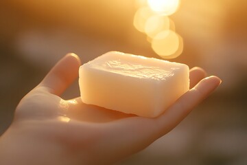 Female hand holding soap on the background of a wheat field at sunset