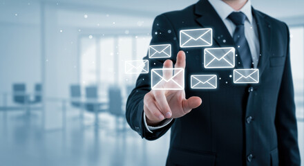  Email Marketing Success: Businessman Connecting with Digital Letters. Drive Conversions & Boost Engagement!