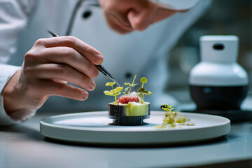 Chef carefully plating a gourmet dish with tweezers in a professional kitchen environment indoors