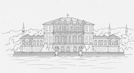 Minimalist Line Art of Beylerbeyi Palace Seafront View