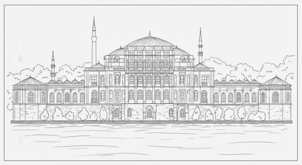 Minimalist Line Art of Beylerbeyi Palace Seafront View