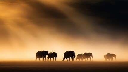 Fototapeta premium Silhouetted elephants walking through misty savannah at sunset with dramatic lighting