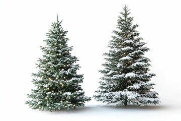 Four evergreen trees are lined up in a row, with one of them being lit up.  , isolated on white background.