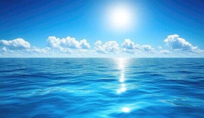 Vast ocean, bright sun, and puffy clouds