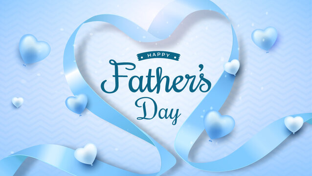 Happy Fathers Day Design with Ribbon and Blue Heart Balloons