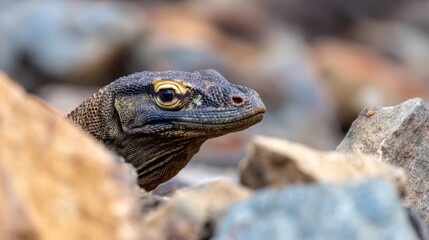 Obraz premium Close-up of a lizard peeking between rocks in a natural habitat with blurred background