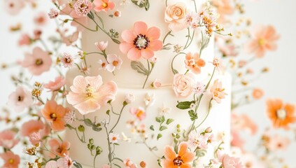 Delicate tiered cake adorned with pastel flowers