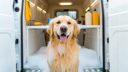 Golden retriever happily posing in a mobile grooming van, surrounded by soap and grooming supplies.