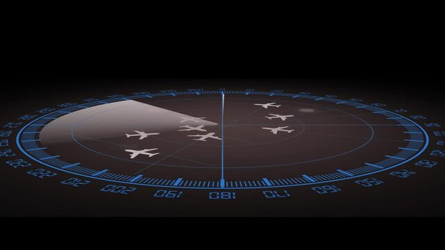 Advanced radar system in air traffic control tower, monitoring flight paths between countries, worldwide aviation route map