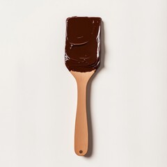 Obraz premium Melted dark chocolate on a wooden spatula against white background