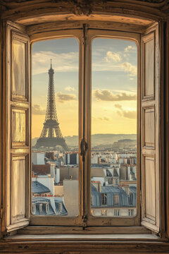 paris vintage window frame captures sunset