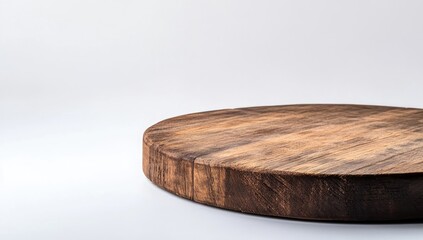 A round wooden cutting board against a plain white background