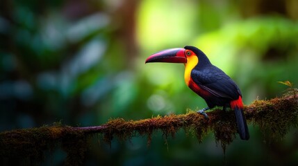 Obraz premium Vibrant toucan perched on a mossy branch in a lush tropical rainforest, surrounded by greenery