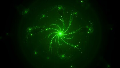 An intricate, web like structure of glowing emerald green tendrils bursts forth from an unseen central point