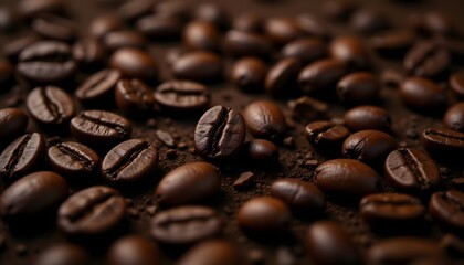 Naklejka premium A close up reveals a scattering of intensely dark brown coffee beans, exhibiting a complex, almost wrinkled surface texture indicative of a careful roasting process