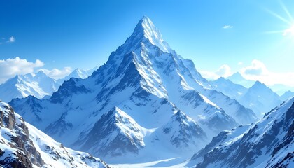 Obraz premium The colossal, snow capped peak gleams brilliantly under the azure sky, its icy facade reflecting the sun's rays in a dazzling display
