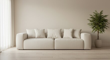 Warm Cream Interior with Modular Couch and Potted Plant