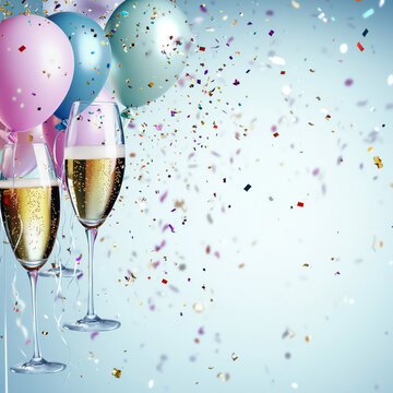 Celebration Background; Pink and White balloons and champagne glass; Bright Party Background with confetti and plenty of copy space for text