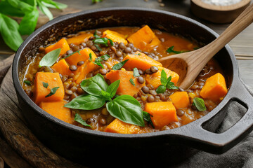 A wholesome sweet potato and lentil stew in a rustic cast-iron pot, with a wooden spoon.