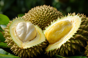 Obraz premium Durian fruit opens up as it ripens, revealing creamy flesh and peculiar texture in tropical environment