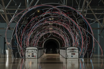 Exploring the mesmerizing tunnel of colorful cables in a modern architectural space