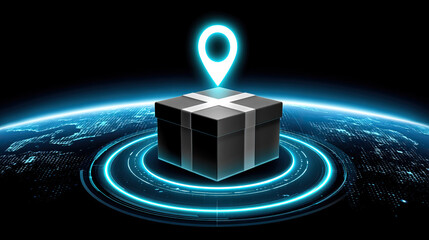 Digital package delivery concept with glowing location pin and futuristic interface on global map