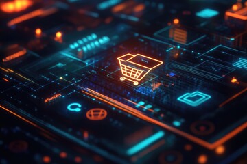 Futuristic shopping cart icon on a digital circuit board