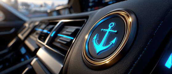 Anchor icon on vehicle dashboard with blue light and black leather interior, creating modern and sleek atmosphere