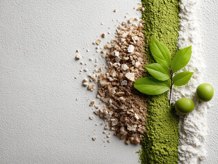 Granular hybrid cement blend closeup with green leaf and two green olives on textured white surface, natural and fresh