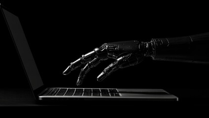 Metallic robot hand types on laptop