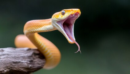 Fototapeta premium A vibrant yellow snake with its mouth open, displaying fangs and tongue, perched on a dark brown rock against a blurred background