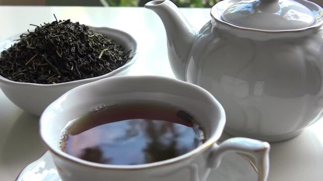 Una taza de t&eacute; con tetera y hojas de t&eacute; sobre una mesa blanca.
