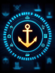 Stylized anchor symbol glowing on logistics terminal interface with blue digital icons and circular design