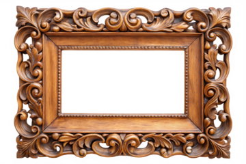 old wooden frame with vintage detailed curves and isolated on white background, PNG