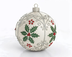 Christmas ornament with holly leaves and berries isolated on white background