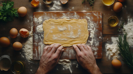 A balanced and professional capture of multicultural holiday baking spread: a melange of homemade pies, maultasche, zeppole, and springerle on vibrant tableware with fresh ingredients - rhubarb,.