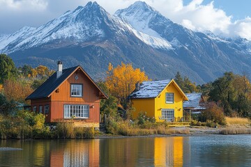 Fototapeta premium Brightly Painted Cabins on the Shore with Snowy Peaks in the Background