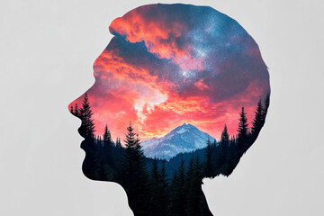 Head opens like a door to reveal a tiny universe with mountains and vibrant sky