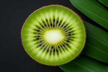 Kiwi fruit shows vibrant green interior as it ripens on a dark surface with tropical leaves