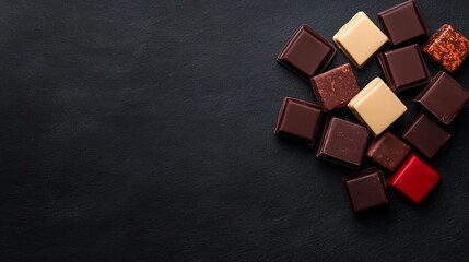 Fototapeta premium Assorted square chocolates are scattered on a dark, textured background, creating a visually appealing composition.