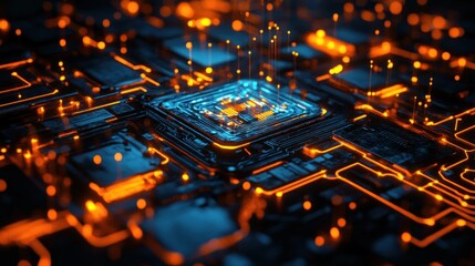 Close-up of glowing circuit board with central processor.  Intricate network of orange and blue lines, points, and glowing components