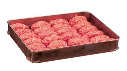 Raw minced pork patties neatly arranged in a metal tray on transparent background, ready for cooking or packaging display

